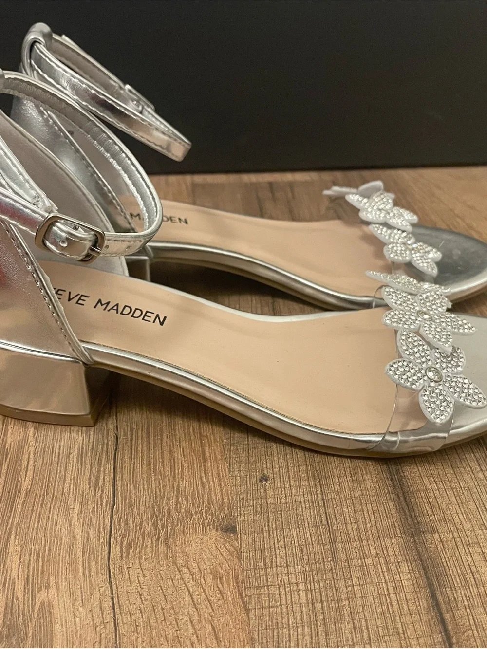 Steve Madden Silver Crystal Floral Ankle-Strap Sandals